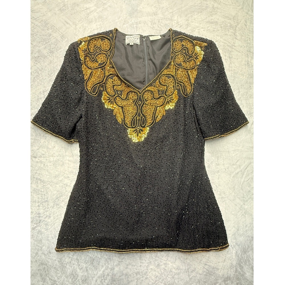 Stenay Vintage Silk Beaded Sequin Top Black Gold womens Sz S Whimsigoth Glam